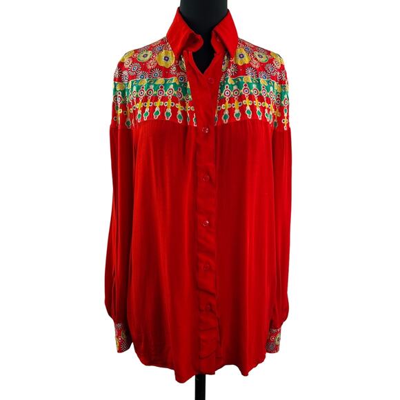 Gottex Tops - VINTAGE Gottex Red Top Floral Embroidered Collared Long Sleeve Button-Up Small S